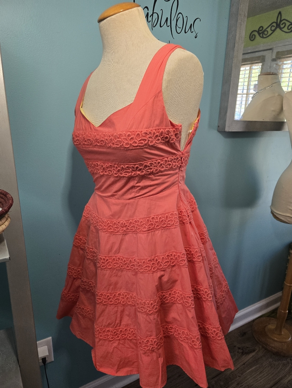 Beautiful Coral Lace-Trim Fit & Flare Dress - Picture 3 of 5